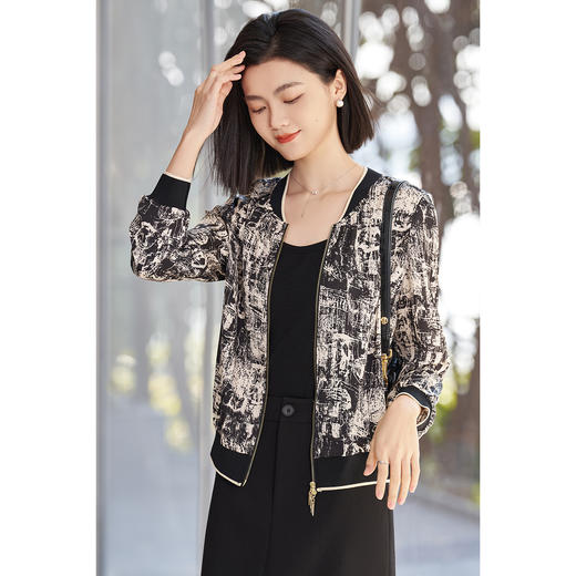 剩S/M/L 米思阳2026春季新款设计感印花短外套双拉链立领休闲通勤上衣5476 商品图3