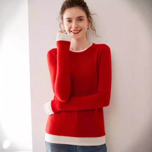 雀说红色羊绒衫女圆领秋冬新年高级内搭打底衫假两件小众气质毛衣AL8981 商品图2