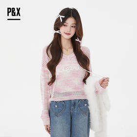 P&X设计师女装 新款甜美百搭镂空两件套短款上衣825115101 粉色