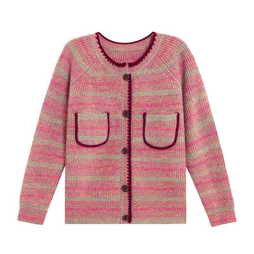 CC-17-67105春秋季新款毛衣女士洋气圆领复古条纹小个子针织开衫口袋外套 商品图4