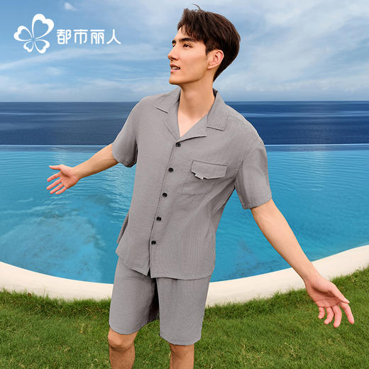 都市锋尚男士梭织棉短袖套装薄梭织提花生活家居无短袖类FHH1B8 商品图0