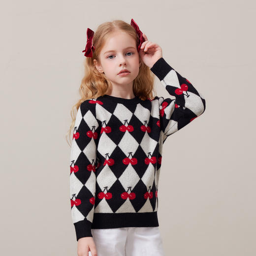 mettekids儿童100%羊绒衫秋冬新款女童黑白格提花加厚毛衣针织衫 商品图1
