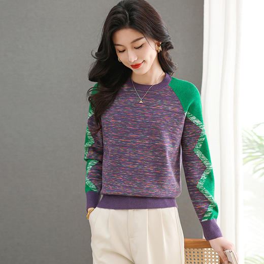 CC-101-96123圆领针织衫女士长袖t恤2025春秋装新款拼色宽松打底上衣 商品图0