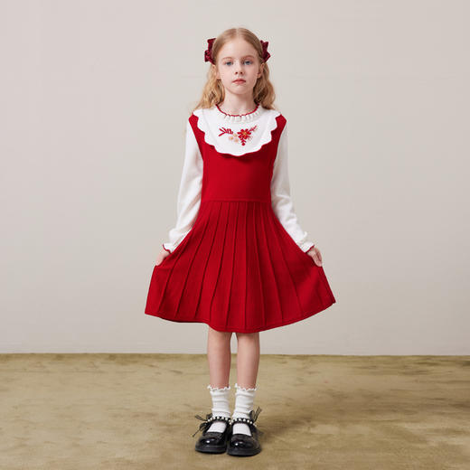 mettekids儿童100%羊毛连衣裙秋冬女童绣花国风毛衣红色针织裙子 商品图1