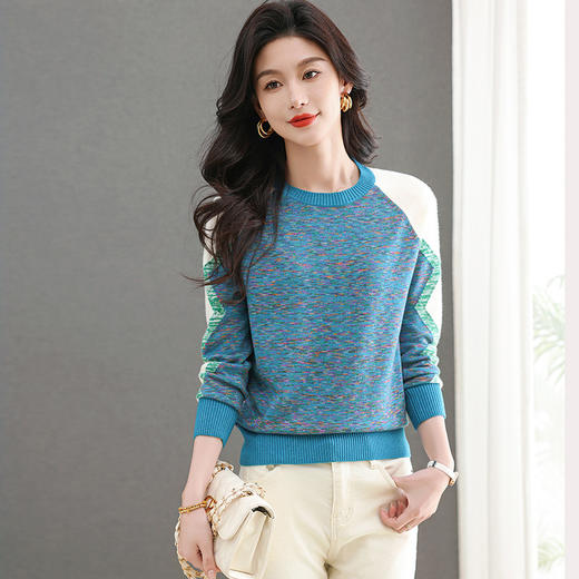 CC-101-96123圆领针织衫女士长袖t恤2025春秋装新款拼色宽松打底上衣 商品图1