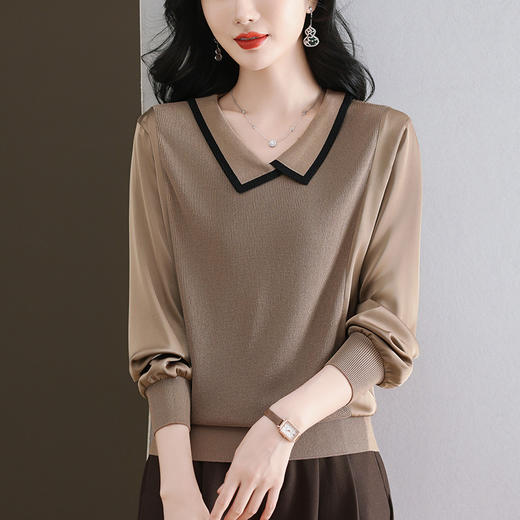 CC-89-525翻领长袖上衣针织衫女2025年新款春季洋气薄款t恤宽松打底衫 商品图2