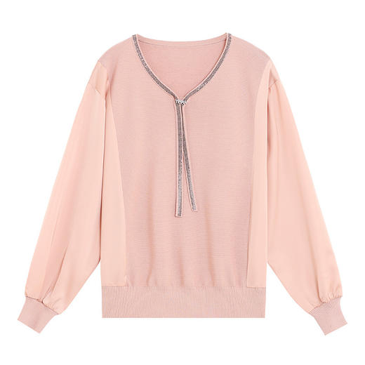 CC-BSM-728雪纺拼接长袖t恤女春秋2025新款针织上衣飘带宽松打底衫 商品图4