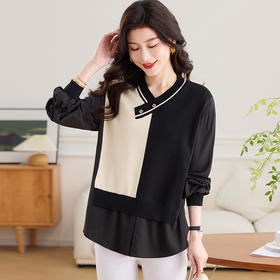 CC-13-2806洋气拼色衬衫拼接针织衫女士2025春季新款洋气宽松小衫假两件上衣