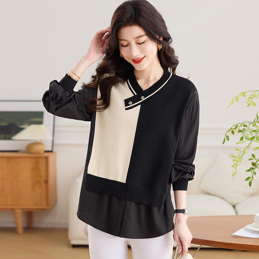 CC-13-2806洋气拼色衬衫拼接针织衫女士2025春季新款洋气宽松小衫假两件上衣 商品图0