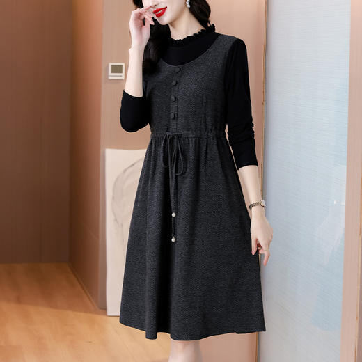 雀说假两件连衣裙女新款时尚洋气立领拼接胖MM宽松系带中长裙AL5821 商品图2