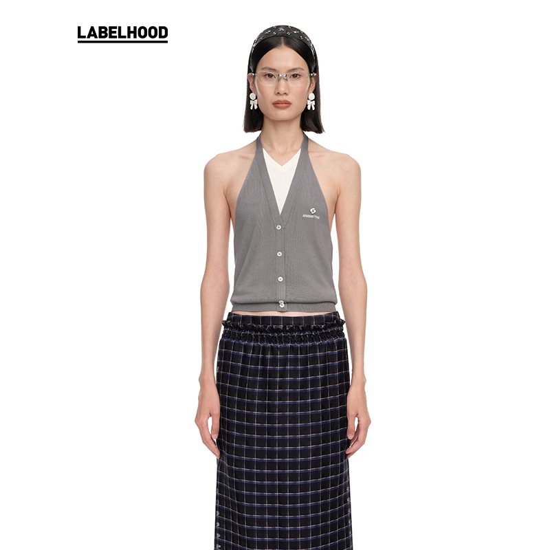 【SHUSHUTONG】蕾虎时尚拼色挂脖针织上衣2025春夏新款女装上衣