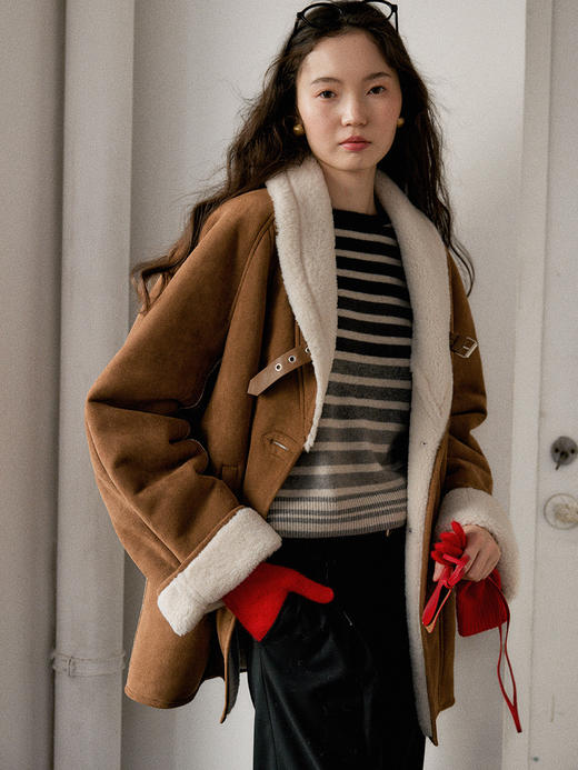 【现货】Even Vintage|皮毛一体 复古时尚金棕色百搭麂皮外套 2024秋冬新款 商品图1