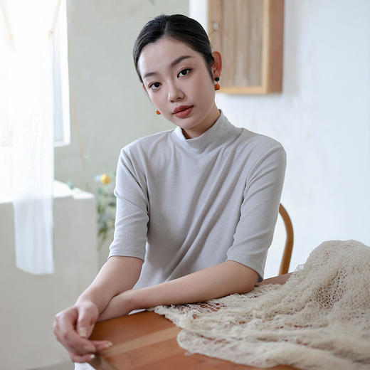 雀说新款半高领半袖打底衫女基础百搭纯色高级感羊毛t恤上衣AL6419 商品图2