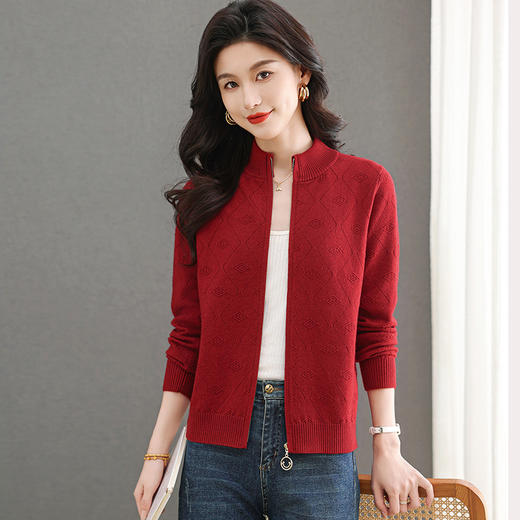 CC-101-96118立领短款外套女士毛衣开衫2025春秋装新款拉链针织衫上衣提花外搭 商品图1