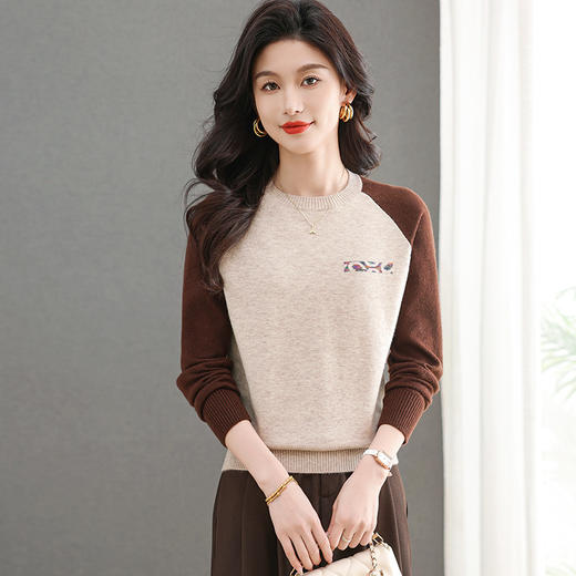 CC-101-96122小个子圆领春秋季2025新款拼色洋气宽松显瘦遮肉针织上衣 商品图1