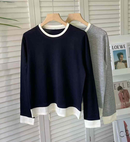 2025早春 ｜ 羊毛混纺假两件圆领套头衫 灰色L码 商品图0