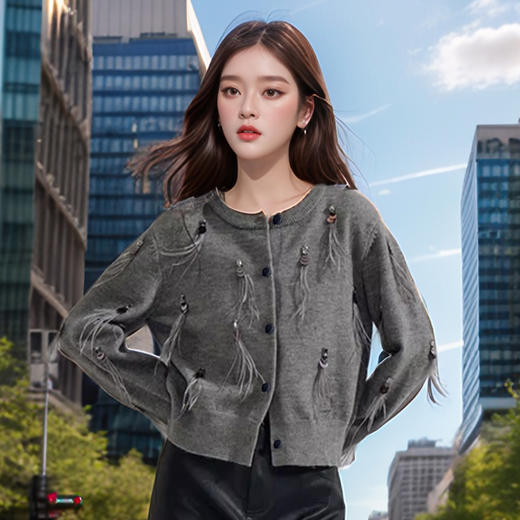 奢姿大码女装2024秋季减龄流苏设计针织开衫胖妹妹时尚简约上衣9843655384 商品图2