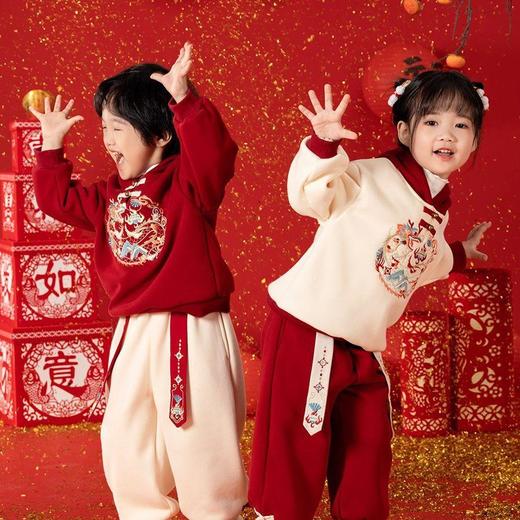 【男女童冬装拜年服两件套】姐弟刺绣套装新款加绒保暖卫衣喜庆表演服两件套 商品图1