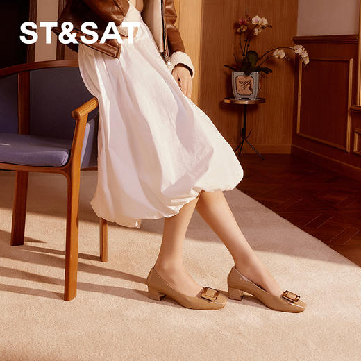 星期六经典方扣通勤百搭粗跟单鞋SSD1111018 商品图1