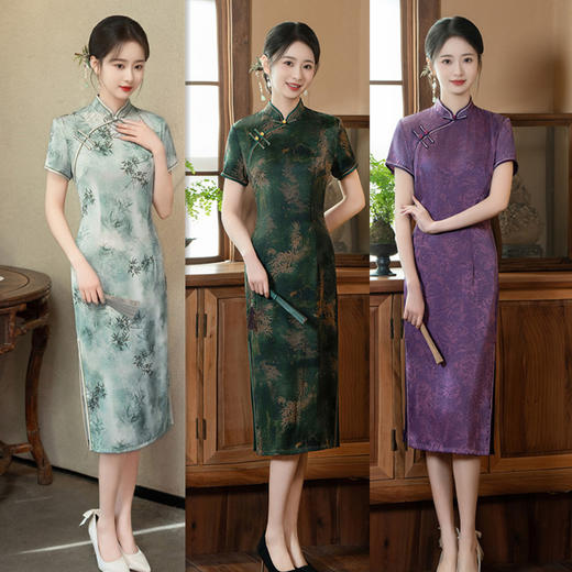 GX复古民族风仿醋酸双层中长款大码旗袍2025春夏新款旗袍 商品图0