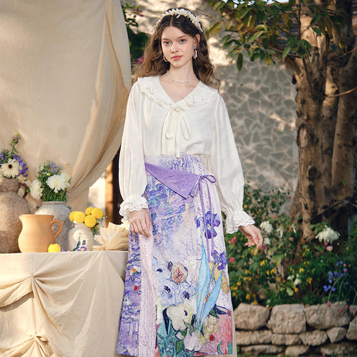 两三事梵高文艺春日序言2025春季新款蕾丝拼接荷叶边领绑带上衣女S25CLS342 商品图1