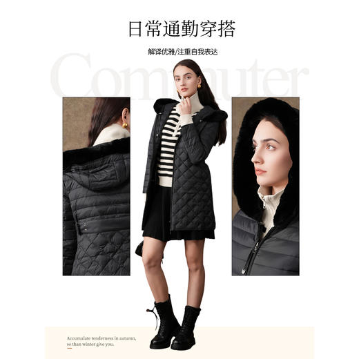 乔万尼冬季新款收腰显瘦保暖抗寒中长款黑色连帽羽绒服ES4T463 商品图7