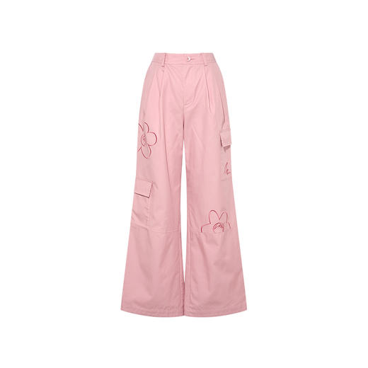 两三事 心花初绽 2025春季新款甜美多口袋刺绣粉色直筒休闲裤女 商品图4