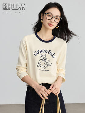 【年终特卖】熙世界2025春秋新款撞色圆领猫咪印花T恤长袖美式复古正肩上衣