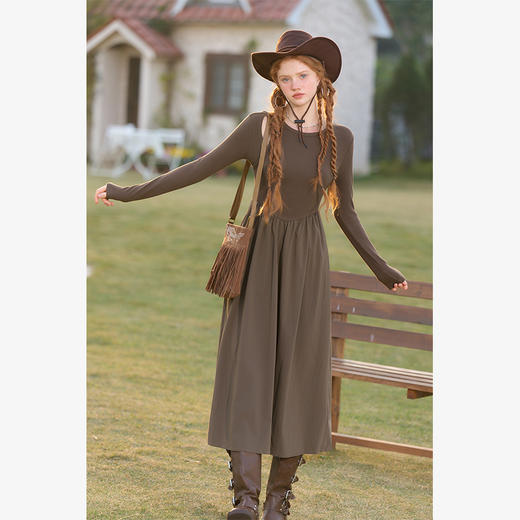 西遇长袖针织连衣裙女新款高级感垂坠长款咖色裙子D0032617 商品图0