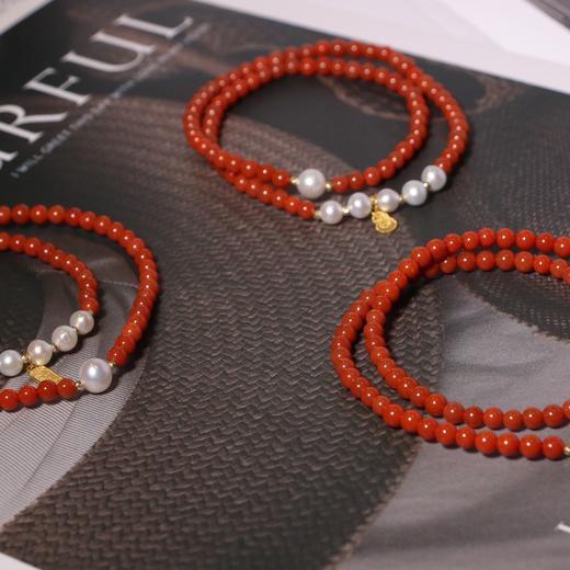 甄珠贝 南红手链 新年氛围感  淡水珍珠4-5/5-6mm 18k镭射金球 18K金小坠子 商品图1