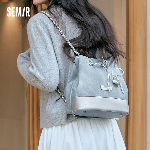 森马包包双肩包女2025新款时髦拼色仿牛仔水桶包蝴蝶结链条包流行 商品图1