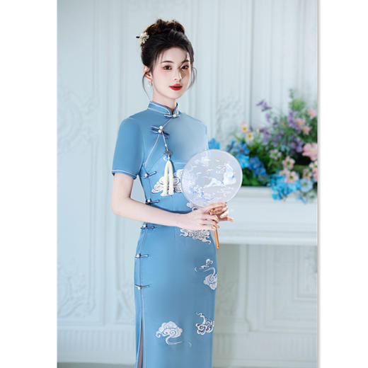 GX老上海复古中国风仿醋酸长款双层加长走秀旗袍2025春夏新款旗袍裙 商品图4