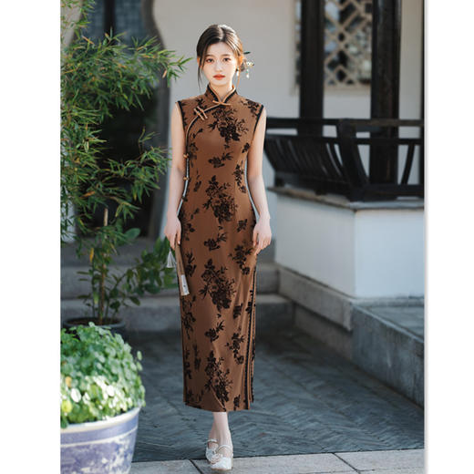 GX现代时尚改良新中式长款无袖旗袍2025春新款烂花绒双层旗袍 商品图3