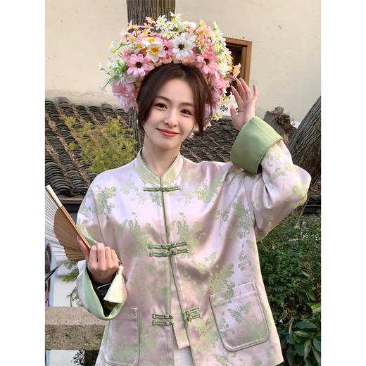 金蘑菇菇 桃花春水 只此青绿/新中式 醋酸锦缎刺绣外套 商品图0