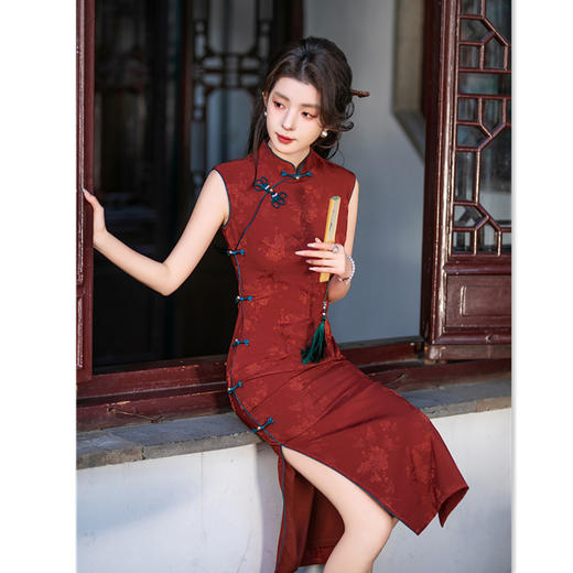 GX现代改良新中式新娘红装长款无袖提花旗袍2025春新款日常婚宴旗袍 商品图0