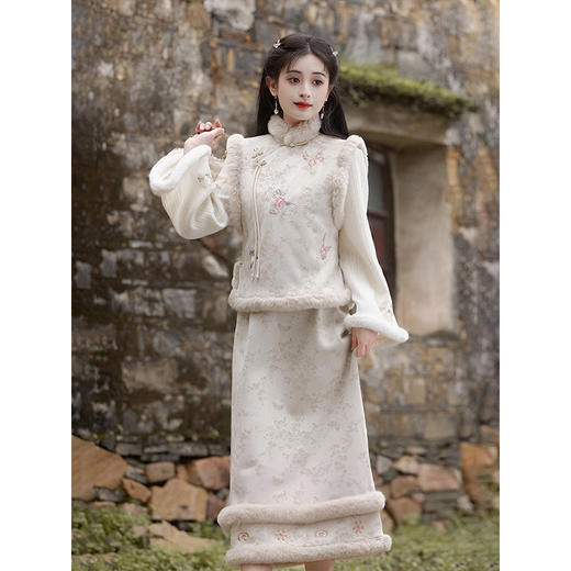 套装三色白梅刺绣短马甲，半裙温柔气质套装LSB罗浮梅LJX- 3344 商品图3