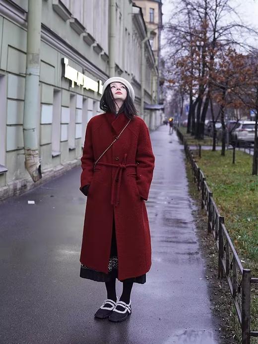 浮生八记/24C092/英伦复古羊毛荃手工双面呢滚边系带翻领大衣 商品图1