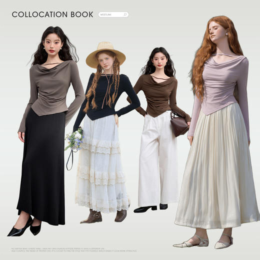 西遇长袖针织T恤女新款荡领收腰短款不规则下摆上衣D3542379 商品图1