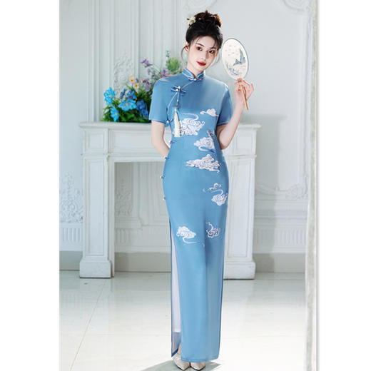 GX老上海复古中国风仿醋酸长款双层加长走秀旗袍2025春夏新款旗袍裙 商品图0