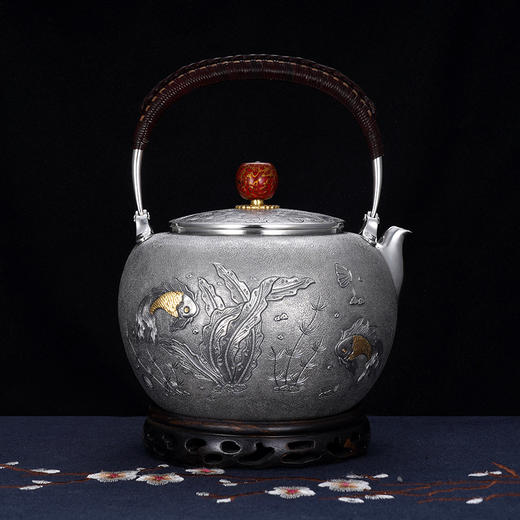 子佩集S990银【海阔鱼跃】纯银套装【HY008】【HY010】【HY009】提梁壶小茶壶公道杯摆件套装原创作品2501 商品图1