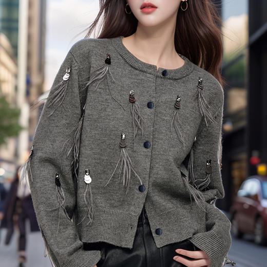 奢姿大码女装2024秋季减龄流苏设计针织开衫胖妹妹时尚简约上衣9843655384 商品图4