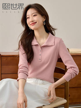 【年终特卖】熙世界法式POLO领粉色T恤女长袖2025春秋新款肌理感针织体恤上衣