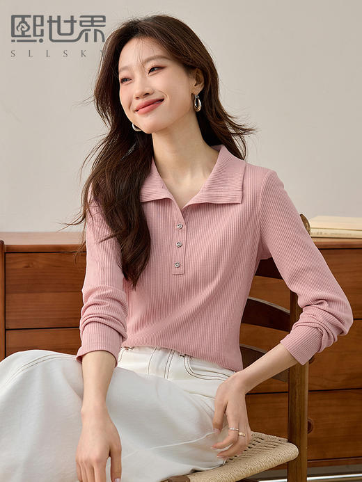 【年终特卖】熙世界法式POLO领粉色T恤女长袖2025春秋新款肌理感针织体恤上衣 商品图0