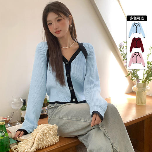 西遇假两件针织衫女新款V领甜美恋爱系粉色短毛衣上衣D1721475 商品图0