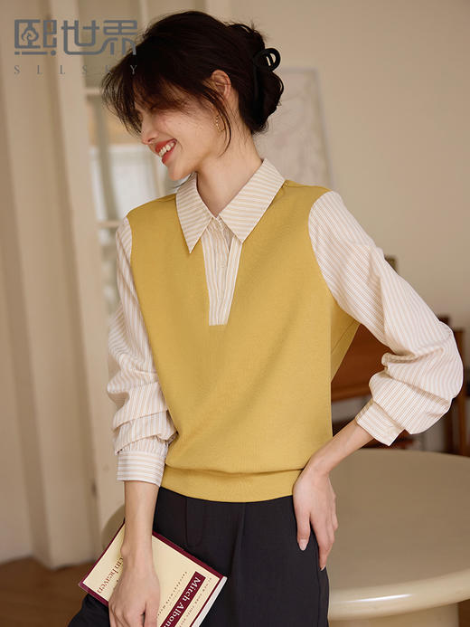 【春夏新品】熙世界假两件撞色条纹长袖衬衫拼接针织上衣女士衬衣2025早春新款 商品图0