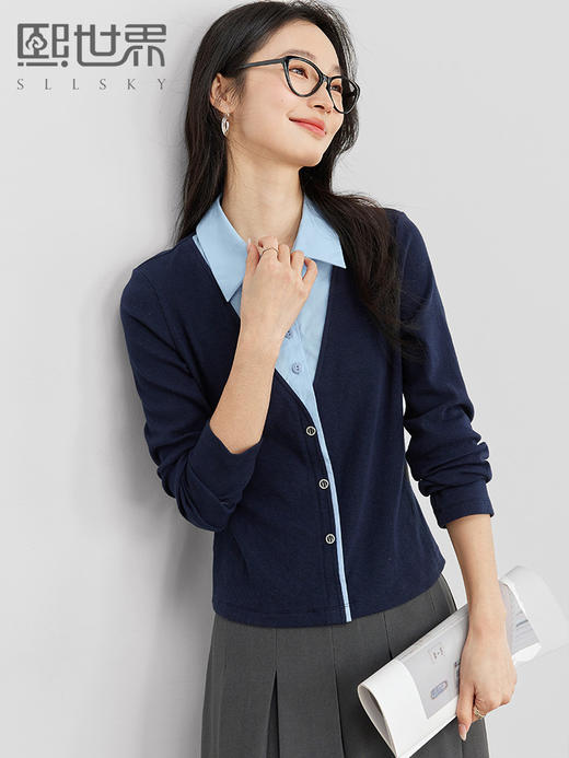 【1件8折】熙世界法式优雅学院风POLO领上衣拼接假两件衬衫女2025早春新款 商品图0