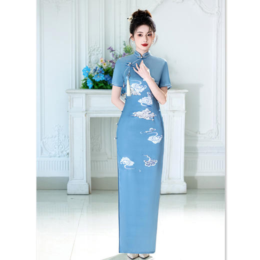 GX老上海复古中国风仿醋酸长款双层加长走秀旗袍2025春夏新款旗袍裙 商品图2