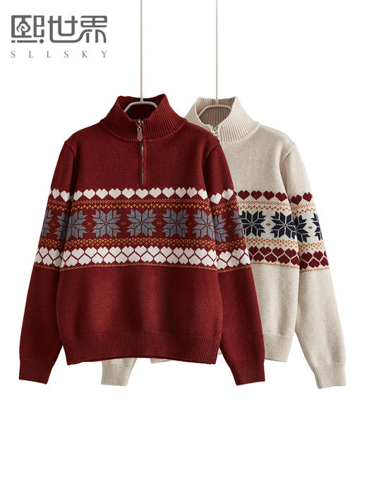 【1件66折】熙世界复古费尔岛新年红色针织衫长袖半拉链毛线衫2025春秋新款 商品图0