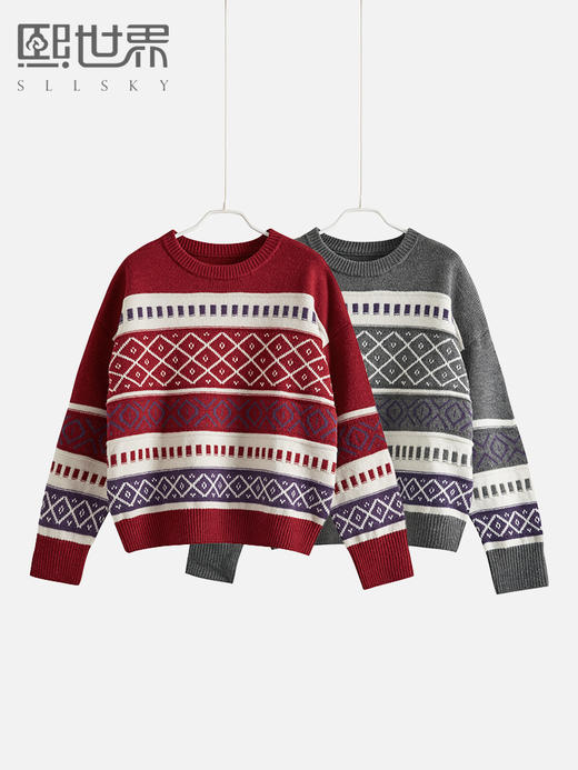 【89元福袋，不支持退换】熙世界2025春秋过年红色费尔岛针织衫慵懒宽松长袖撞色圆领上衣 商品图0