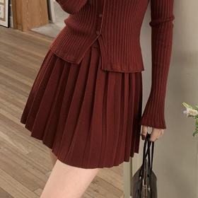 西遇红色百褶裙女新款A字高腰松紧腰太阳褶短款半身裙D3542427